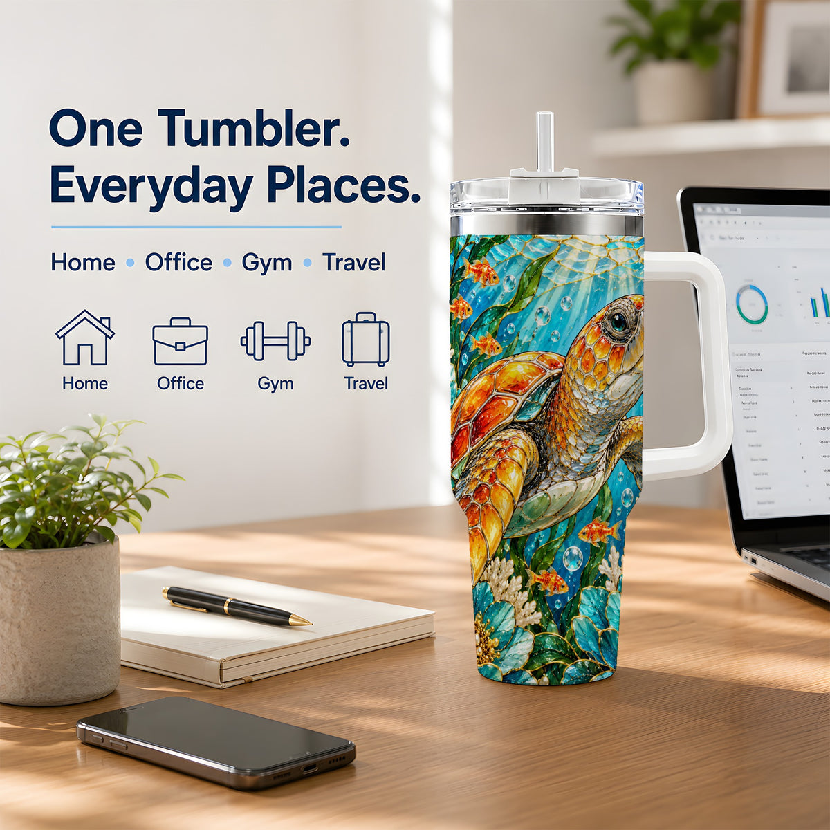 Sea Turtle Floral 40oz Tumbler, Drinkware for Turtle Lovers