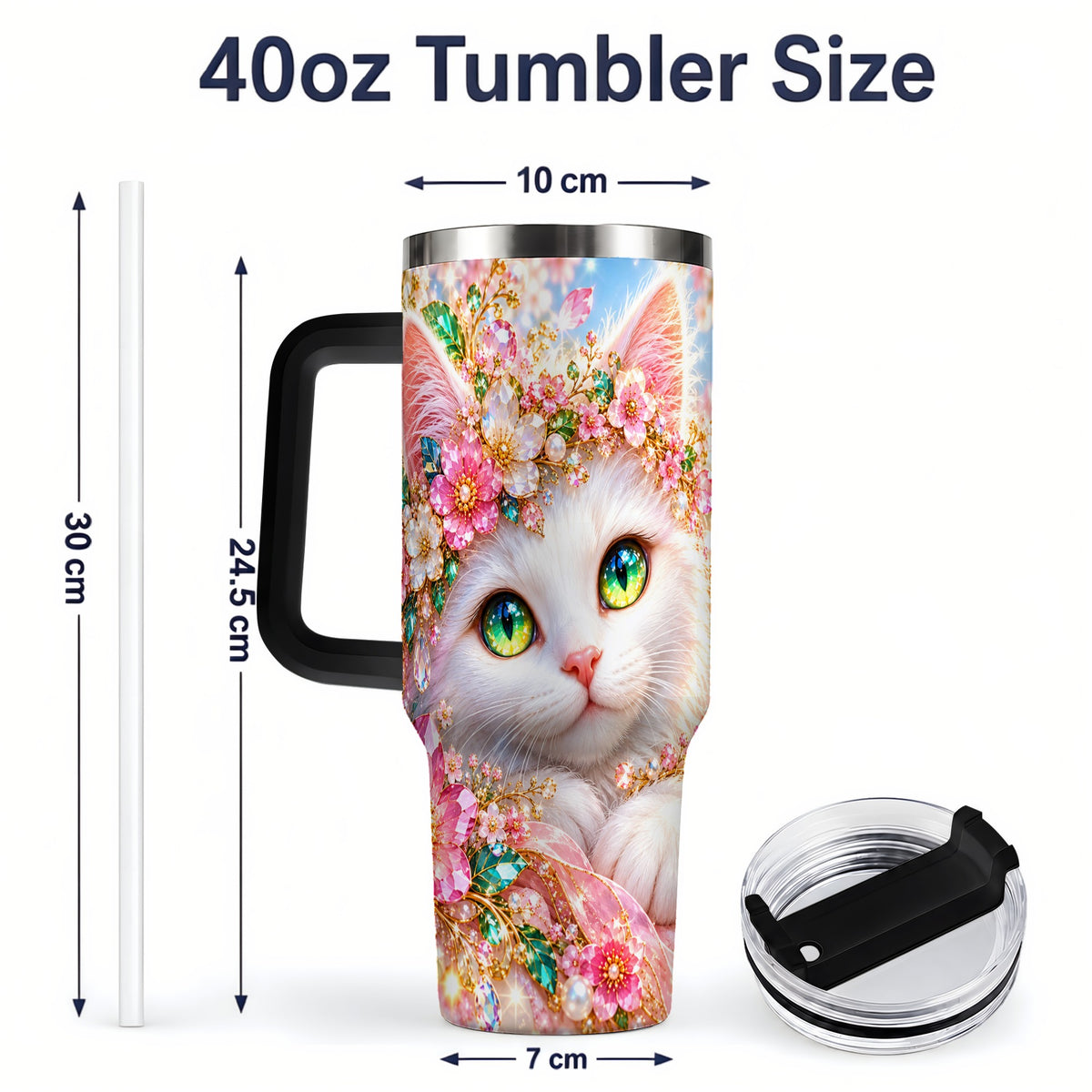 #pl[40oz|Black] White Cat Floral 40oz Tumbler, Drinkware for Cat Lovers