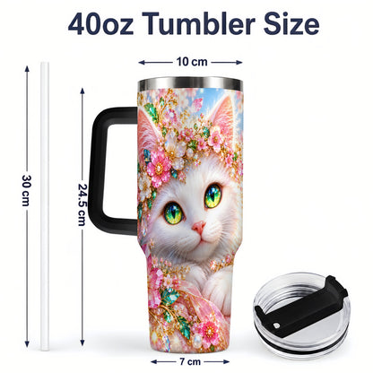 #pl[40oz|Black] White Cat Floral 40oz Tumbler, Drinkware for Cat Lovers