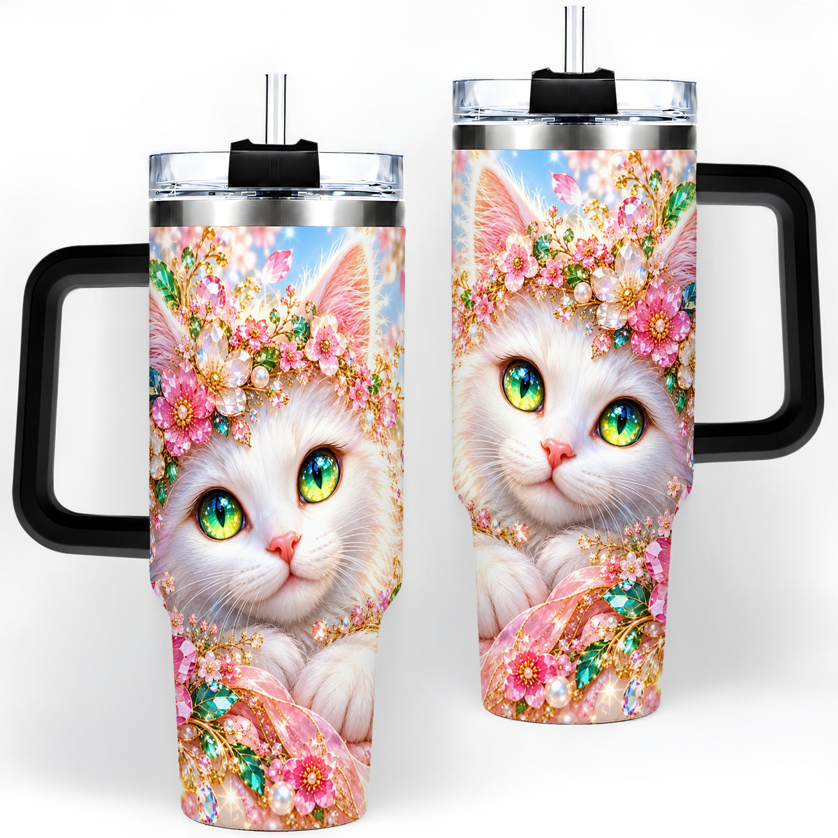 #pl[40oz|Black] White Cat Floral 40oz Tumbler, Drinkware for Cat Lovers