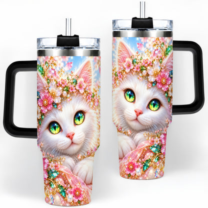 #pl[40oz|Black] White Cat Floral 40oz Tumbler, Drinkware for Cat Lovers