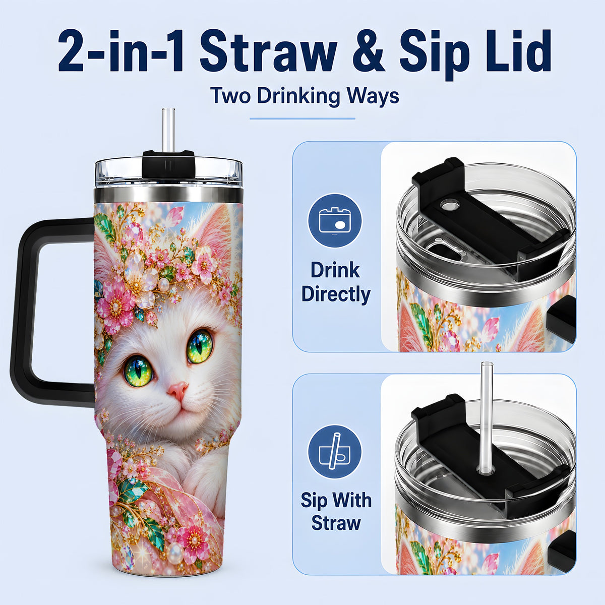#pl[40oz|Black] White Cat Floral 40oz Tumbler, Drinkware for Cat Lovers
