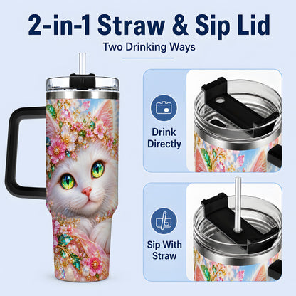 #pl[40oz|Black] White Cat Floral 40oz Tumbler, Drinkware for Cat Lovers