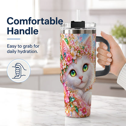 #pl[40oz|Black] White Cat Floral 40oz Tumbler, Drinkware for Cat Lovers