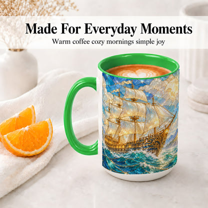 #pl[15oz|Green] Sailing Ship Accent Mug, Ceramic Drinkware for Nautical Fans