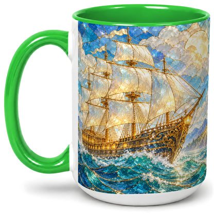 #pl[15oz|Green] Sailing Ship Accent Mug, Ceramic Drinkware for Nautical Fans
