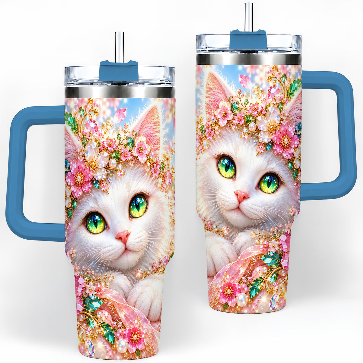 #pl[40oz|Blue] White Cat Floral 40oz Tumbler, Drinkware for Cat Lovers
