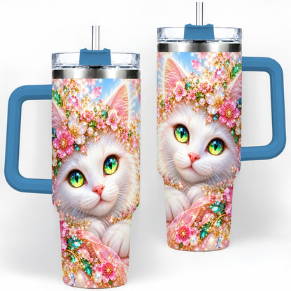 #pl[40oz|Blue] White Cat Floral 40oz Tumbler, Drinkware for Cat Lovers