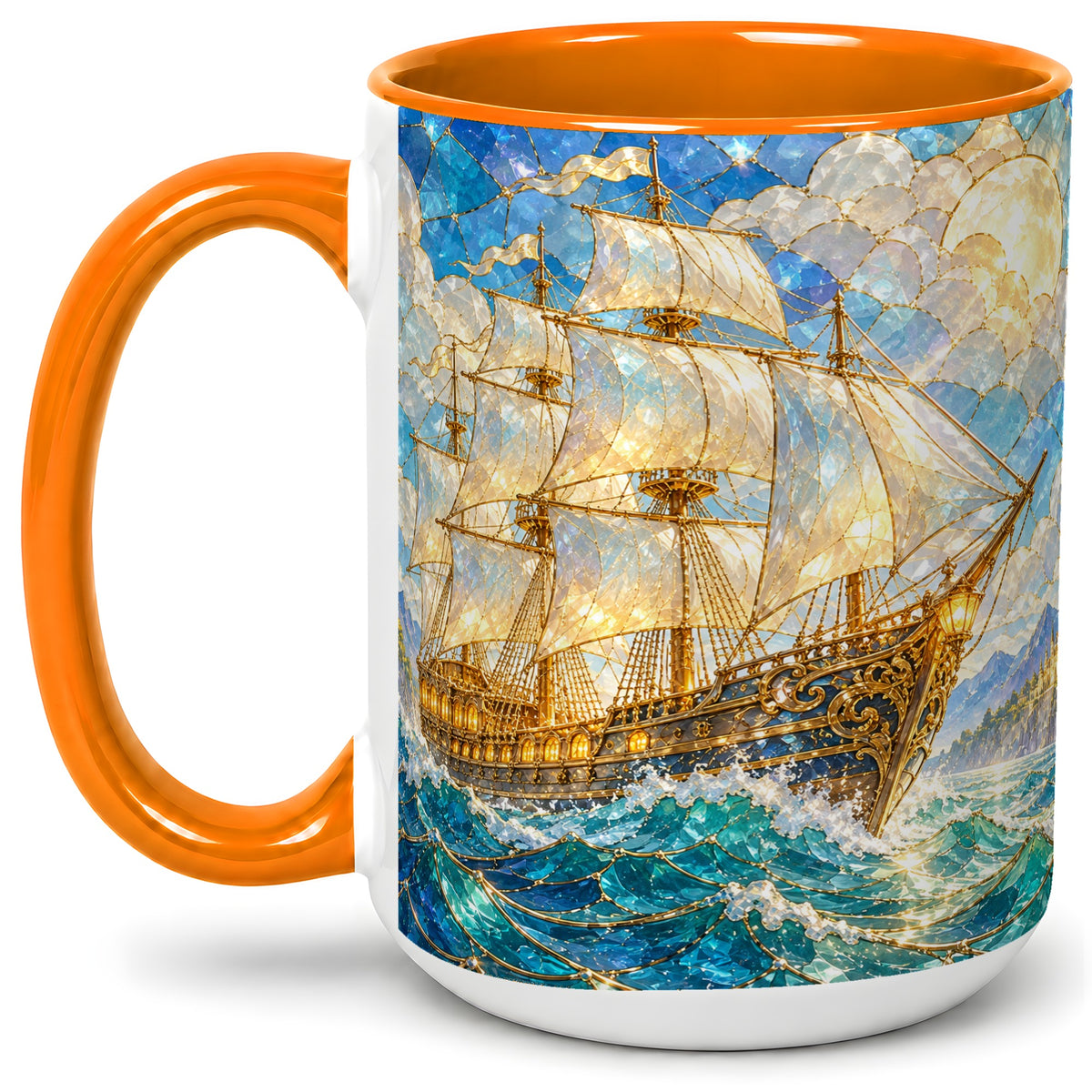 #pl[15oz|Orange] Sailing Ship Accent Mug, Ceramic Drinkware for Nautical Fans