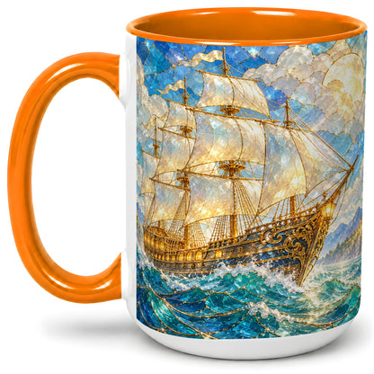 #pl[15oz|Orange] Sailing Ship Accent Mug, Ceramic Drinkware for Nautical Fans