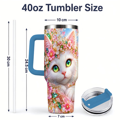 #pl[40oz|Blue] White Cat Floral 40oz Tumbler, Drinkware for Cat Lovers