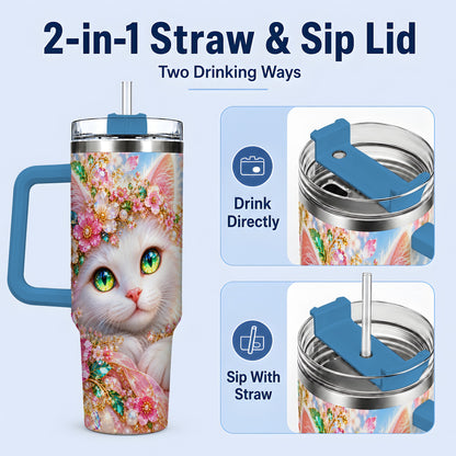 #pl[40oz|Blue] White Cat Floral 40oz Tumbler, Drinkware for Cat Lovers