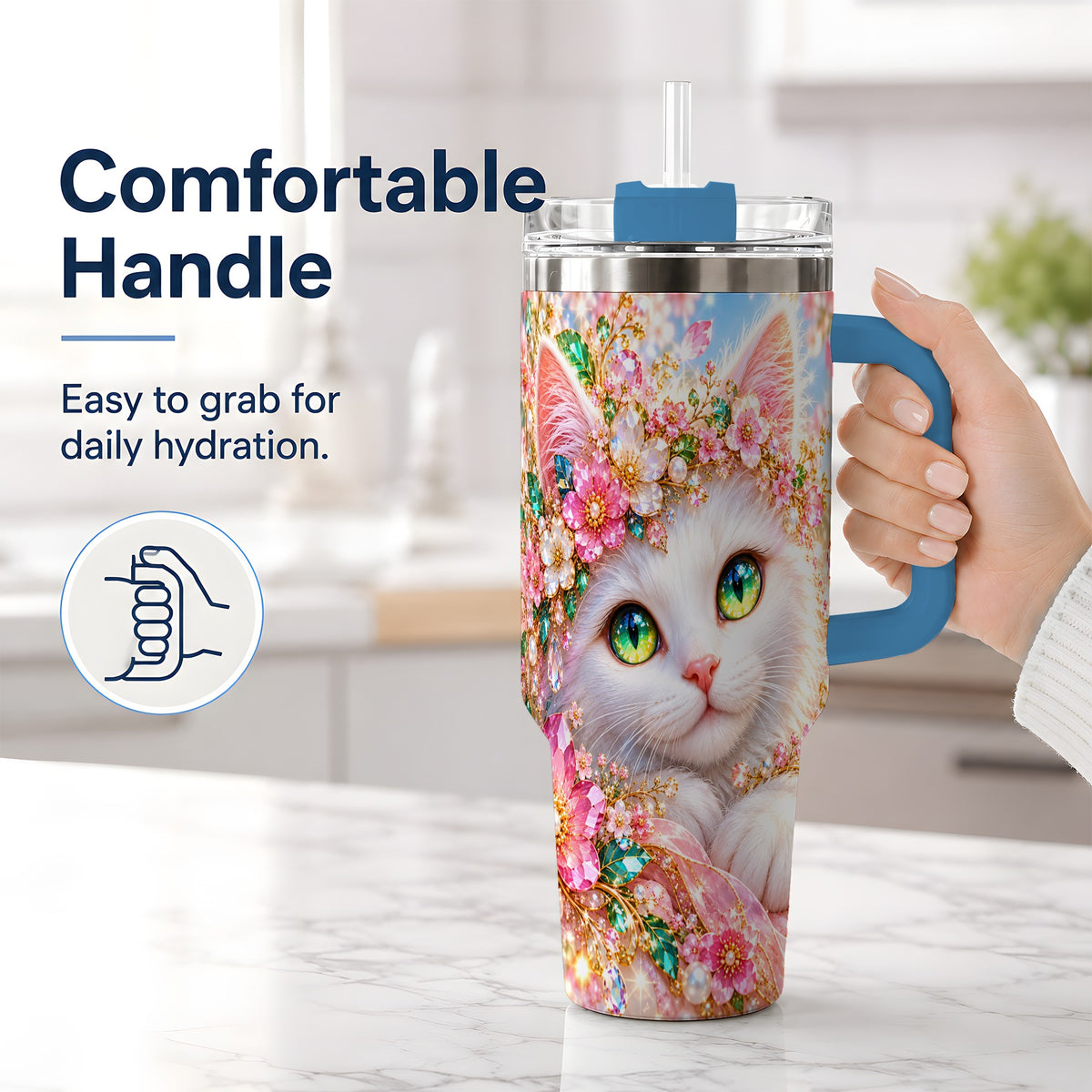 #pl[40oz|Blue] White Cat Floral 40oz Tumbler, Drinkware for Cat Lovers