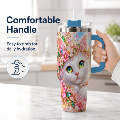 #pl[40oz|Blue] White Cat Floral 40oz Tumbler, Drinkware for Cat Lovers