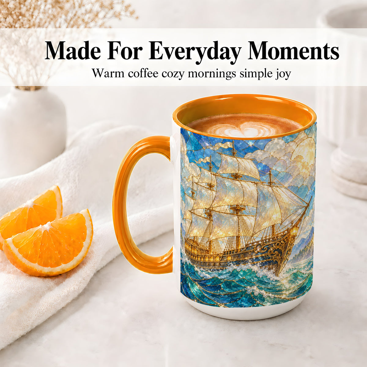 #pl[15oz|Orange] Sailing Ship Accent Mug, Ceramic Drinkware for Nautical Fans