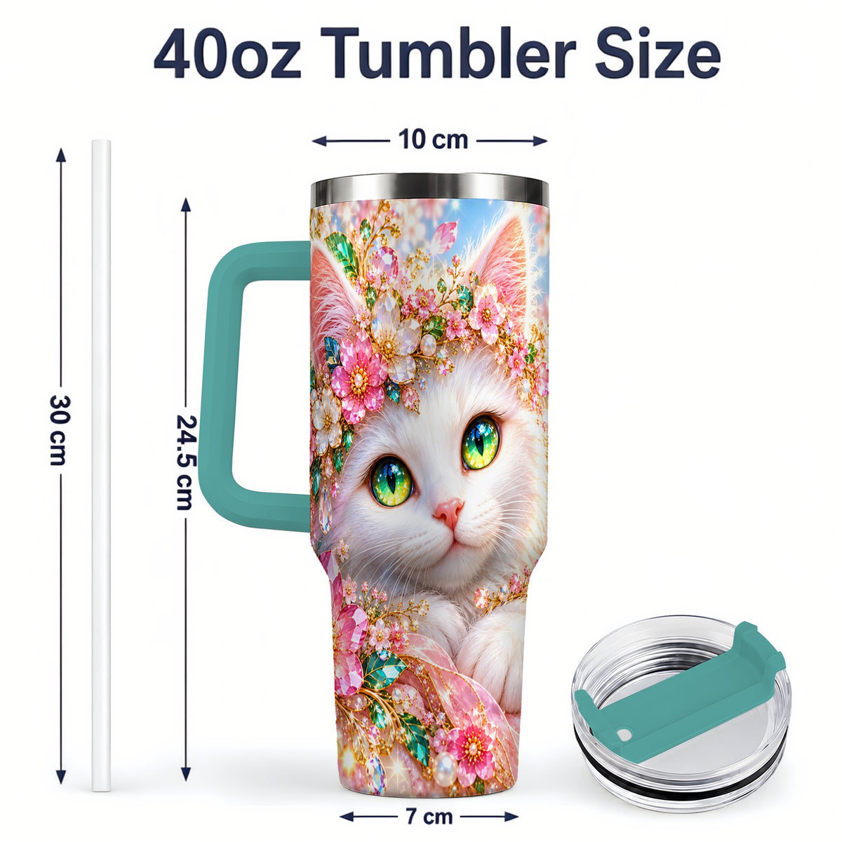 #pl[40oz|Green] White Cat Floral 40oz Tumbler, Drinkware for Cat Lovers