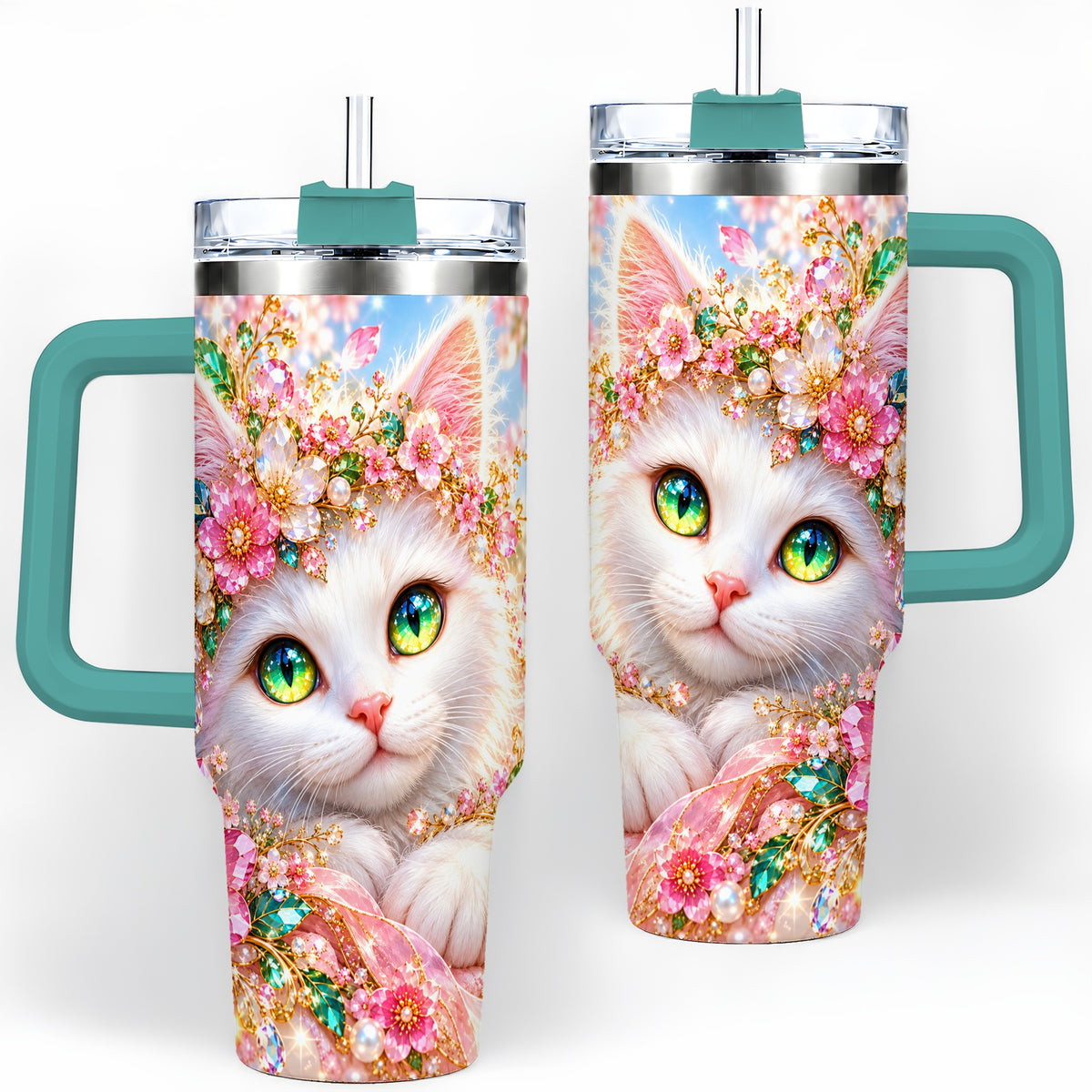 #pl[40oz|Green] White Cat Floral 40oz Tumbler, Drinkware for Cat Lovers