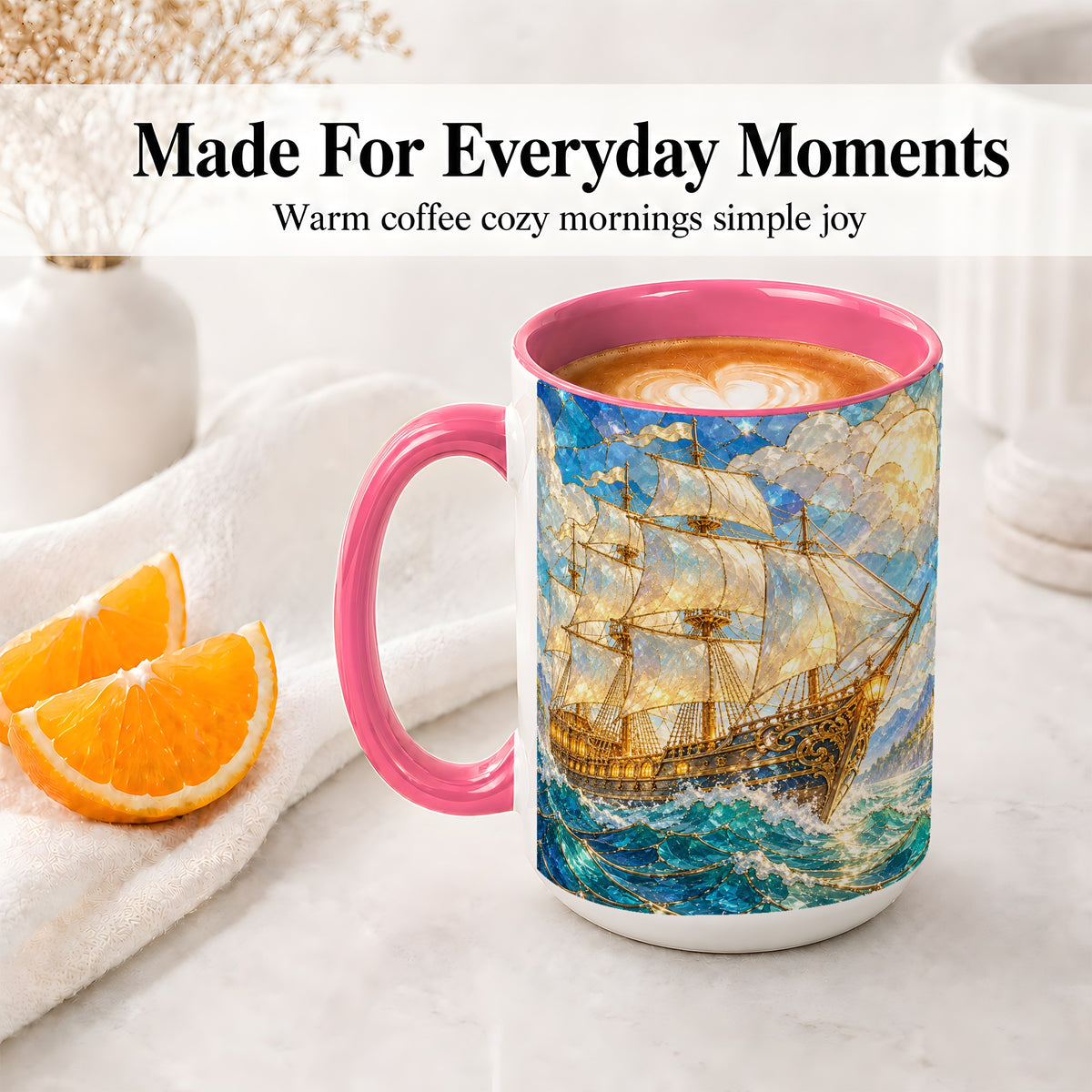 #pl[15oz|Pink] Sailing Ship Accent Mug, Ceramic Drinkware for Nautical Fans