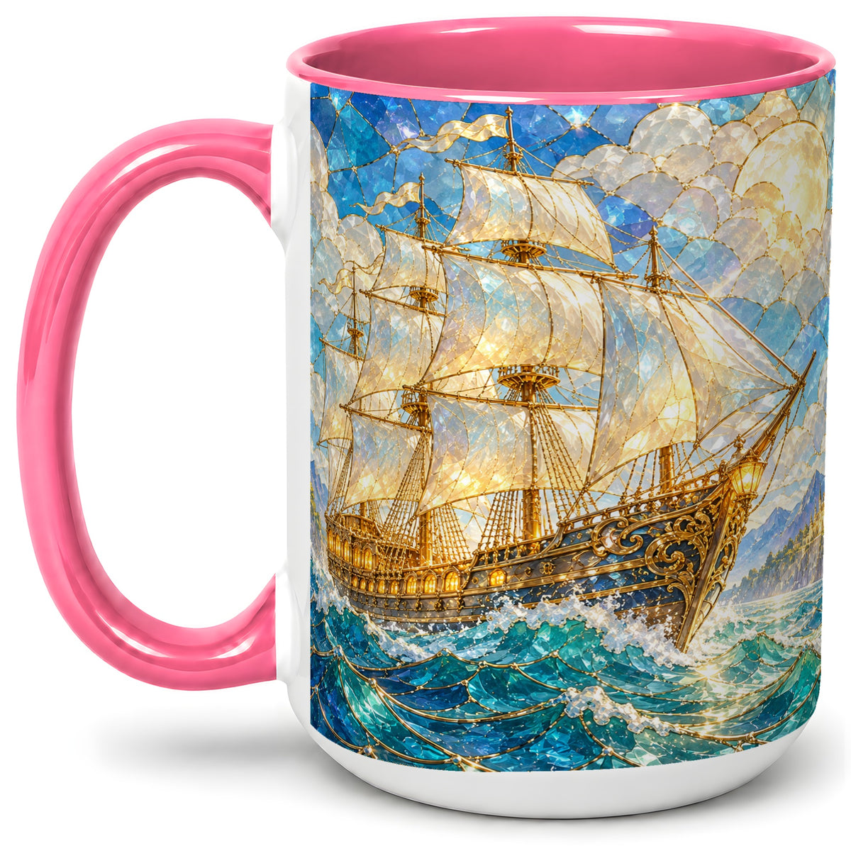 #pl[15oz|Pink] Sailing Ship Accent Mug, Ceramic Drinkware for Nautical Fans