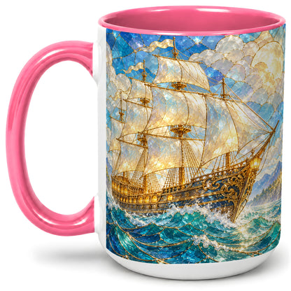 #pl[15oz|Pink] Sailing Ship Accent Mug, Ceramic Drinkware for Nautical Fans