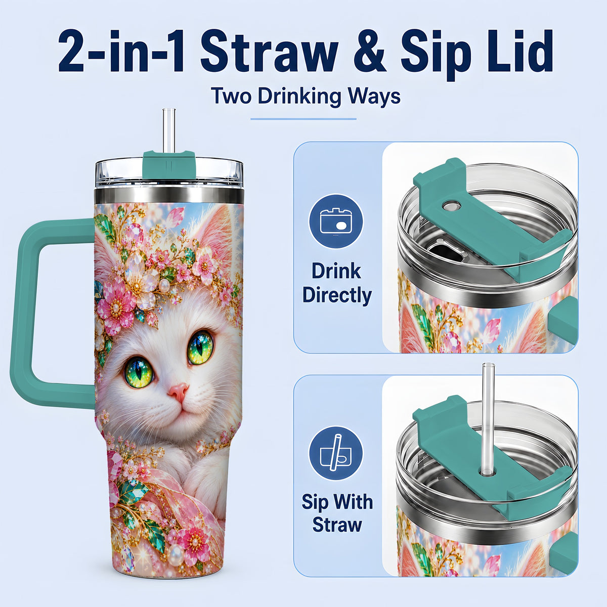 #pl[40oz|Green] White Cat Floral 40oz Tumbler, Drinkware for Cat Lovers