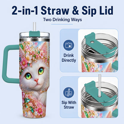 #pl[40oz|Green] White Cat Floral 40oz Tumbler, Drinkware for Cat Lovers