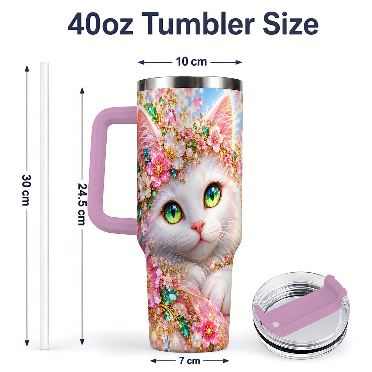#pl[40oz|Pink] White Cat Floral 40oz Tumbler, Drinkware for Cat Lovers