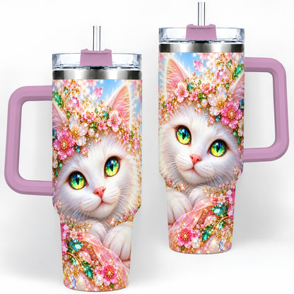 #pl[40oz|Pink] White Cat Floral 40oz Tumbler, Drinkware for Cat Lovers