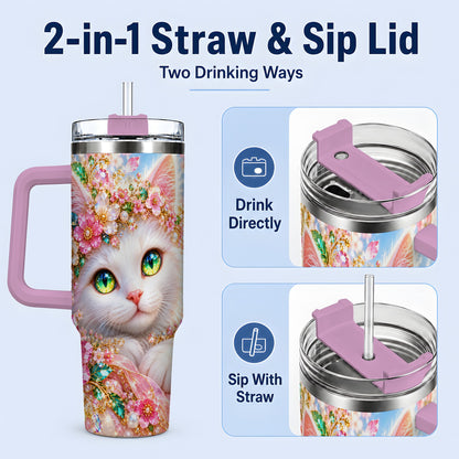 #pl[40oz|Pink] White Cat Floral 40oz Tumbler, Drinkware for Cat Lovers