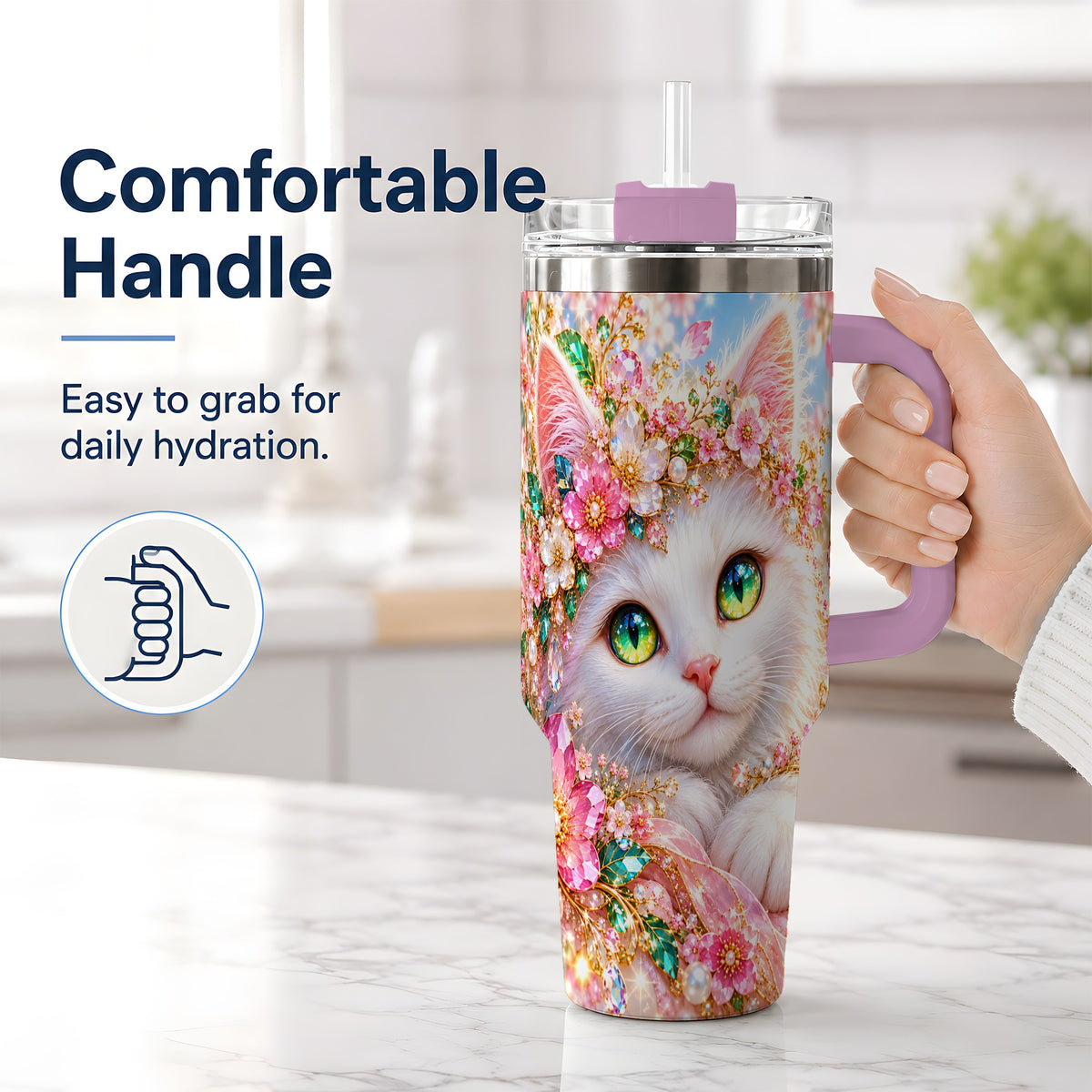 #pl[40oz|Pink] White Cat Floral 40oz Tumbler, Drinkware for Cat Lovers