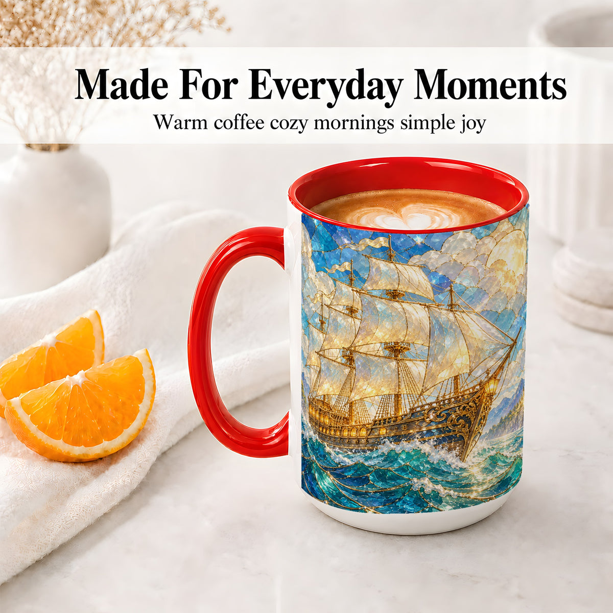 #pl[15oz|Red] Sailing Ship Accent Mug, Ceramic Drinkware for Nautical Fans
