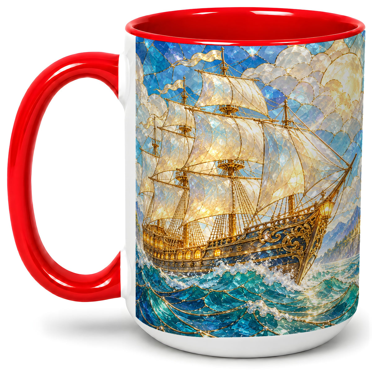 #pl[15oz|Red] Sailing Ship Accent Mug, Ceramic Drinkware for Nautical Fans