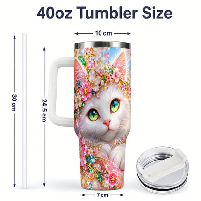 #pl[40oz|White] White Cat Floral 40oz Tumbler, Drinkware for Cat Lovers