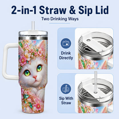 #pl[40oz|White] White Cat Floral 40oz Tumbler, Drinkware for Cat Lovers