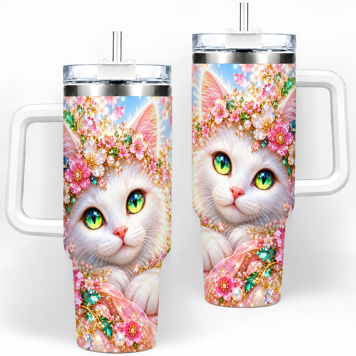 White Cat Floral 40oz Tumbler, Drinkware for Cat Lovers