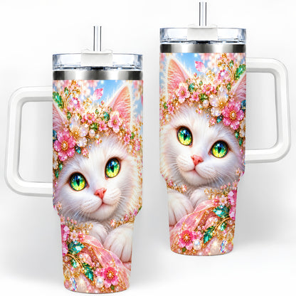 White Cat Floral 40oz Tumbler, Drinkware for Cat Lovers