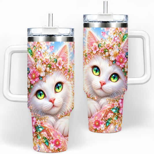 White Cat Floral 40oz Tumbler, Drinkware for Cat Lovers