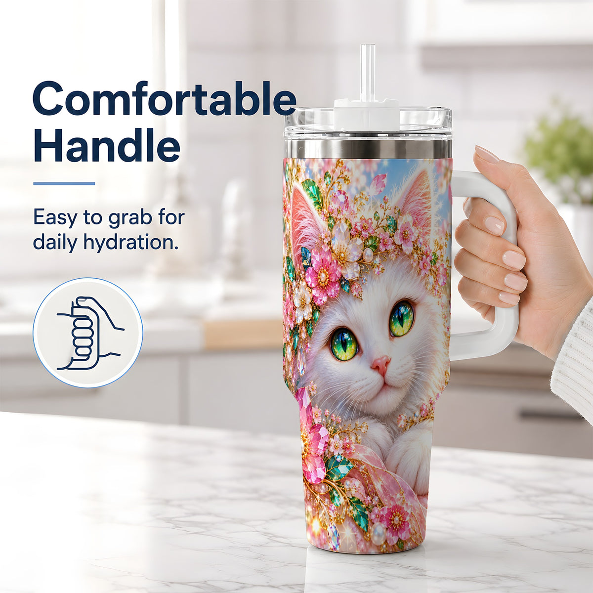 #pl[40oz|White] White Cat Floral 40oz Tumbler, Drinkware for Cat Lovers