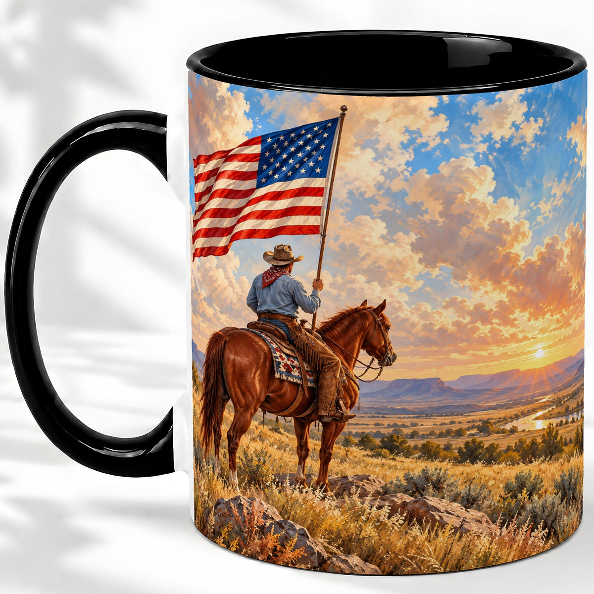 #pl[11oz|Black] Patriotic Cowboy Accent Mug, Ceramic Drinkware for Western Fans