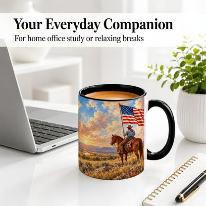 #pl[11oz|Black] Patriotic Cowboy Accent Mug, Ceramic Drinkware for Western Fans