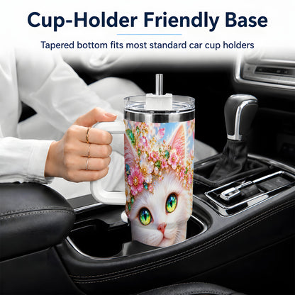 White Cat Floral 40oz Tumbler, Drinkware for Cat Lovers