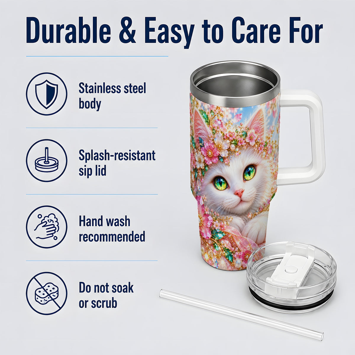 White Cat Floral 40oz Tumbler, Drinkware for Cat Lovers