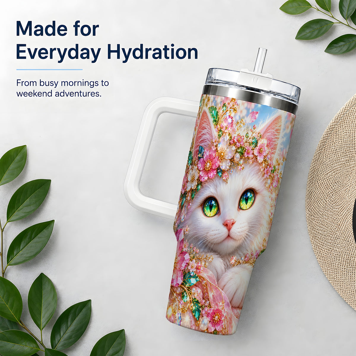 White Cat Floral 40oz Tumbler, Drinkware for Cat Lovers