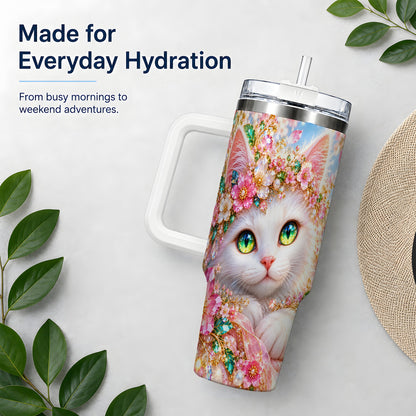 White Cat Floral 40oz Tumbler, Drinkware for Cat Lovers