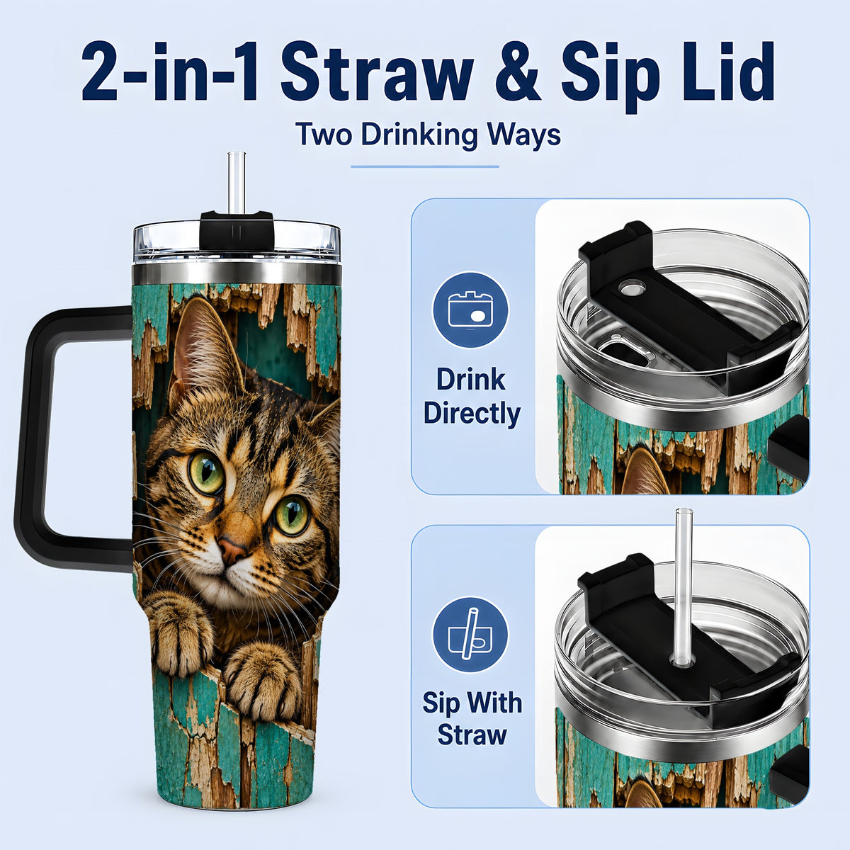 #pl[40oz|Black] Rustic Tabby Cat 40oz Tumbler, Drinkware for Cat Lovers