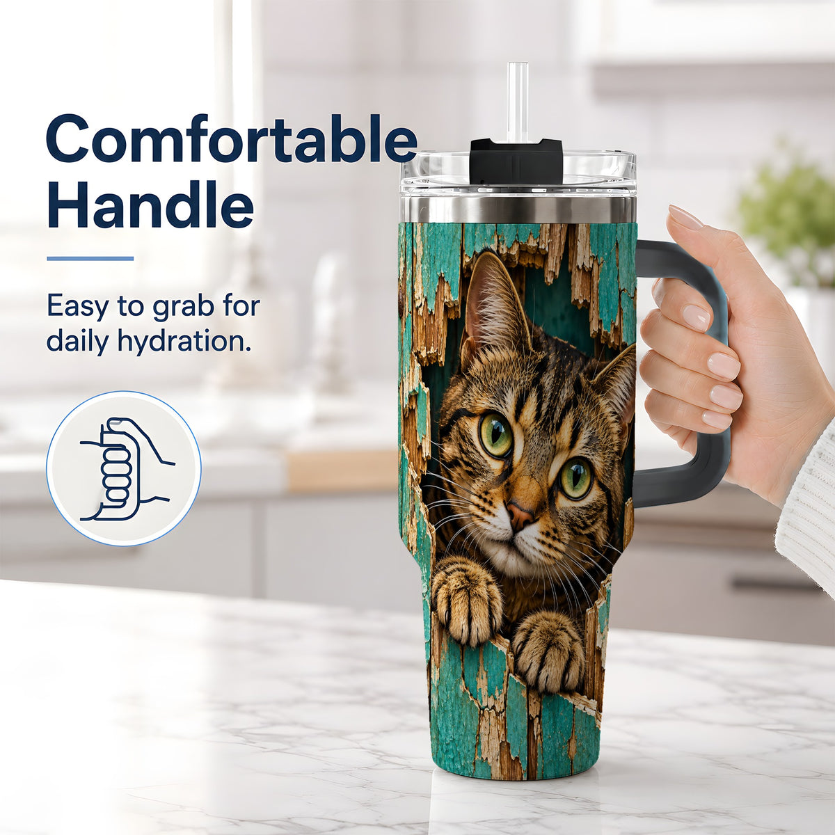 #pl[40oz|Black] Rustic Tabby Cat 40oz Tumbler, Drinkware for Cat Lovers