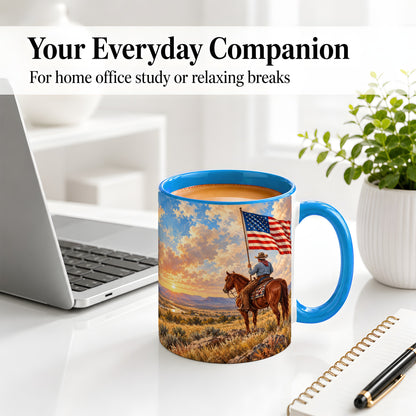 #pl[11oz|Blue] Patriotic Cowboy Accent Mug, Ceramic Drinkware for Western Fans
