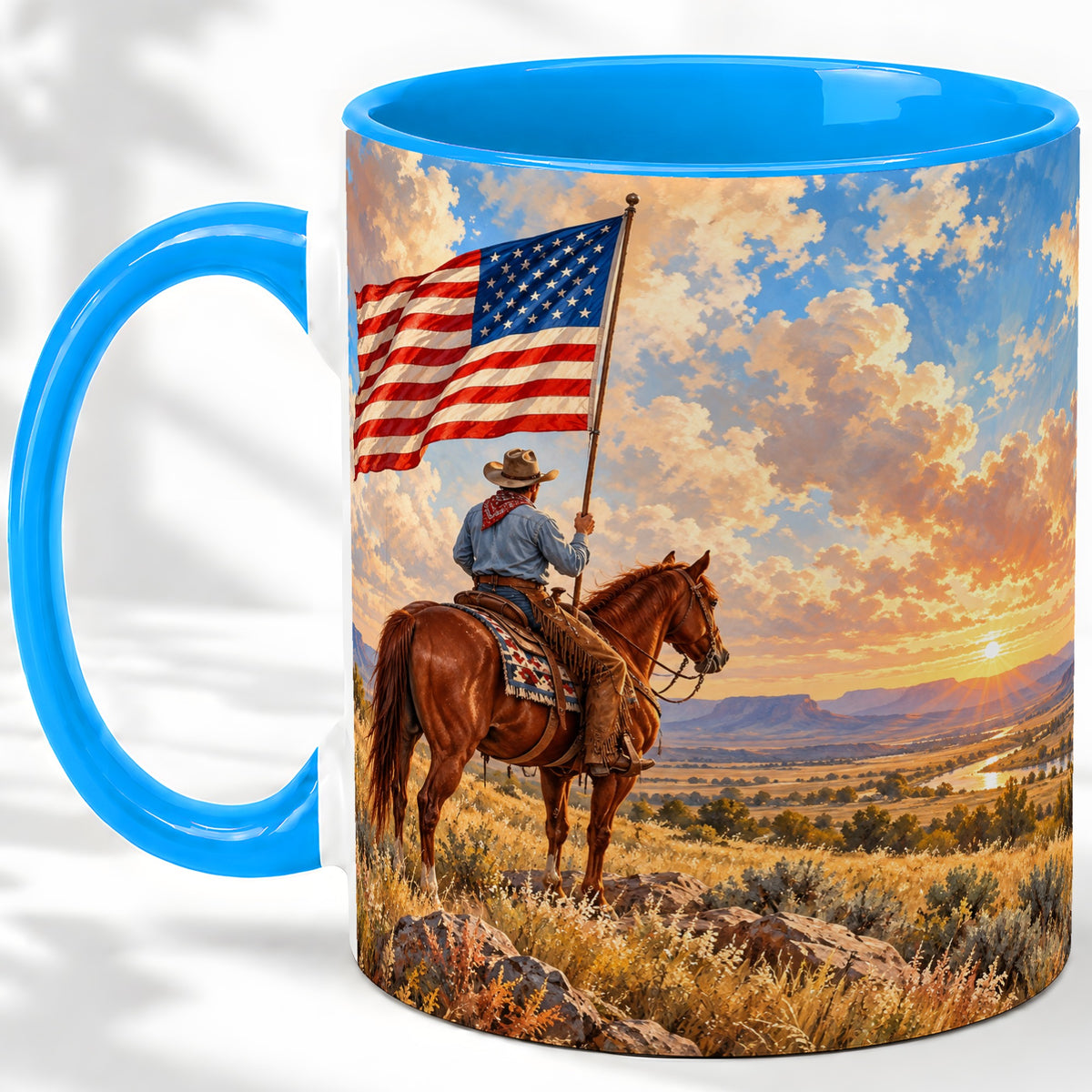 #pl[11oz|Blue] Patriotic Cowboy Accent Mug, Ceramic Drinkware for Western Fans