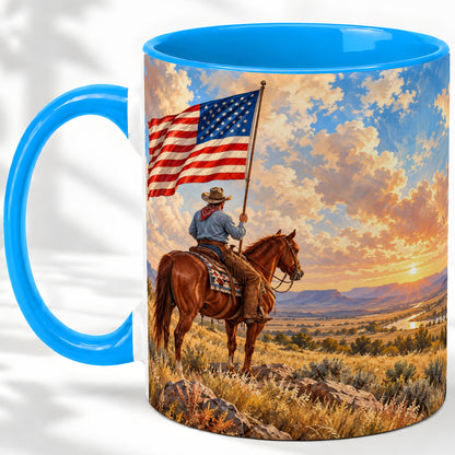 #pl[11oz|Blue] Patriotic Cowboy Accent Mug, Ceramic Drinkware for Western Fans