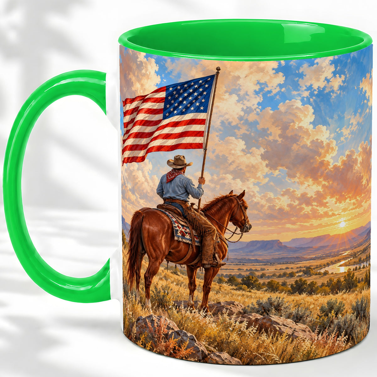 #pl[11oz|Green] Patriotic Cowboy Accent Mug, Ceramic Drinkware for Western Fans
